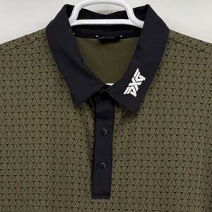 PXG Mens XXL Golf Polo Shirt Olive Green Black Geometric Golf Club Print Snap